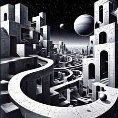 A surreal cityscape stretches across an alien world, with towering monolithic structures, winding pathways, and arched gateways forming an intricate labyrinth under the gaze of a massive gas giant and