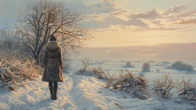 A serene woman surrounded by snow-laden fields at sunset, depicted in the rich, warm colors and intricate details of a hyper-realistic oil painting