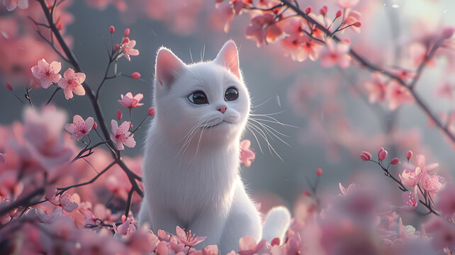 an adorable schrimp for my white cat, Cherry blossoms,generative ai
