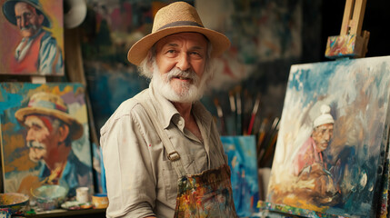 An elderly painter with a joyful smile stands before vibrant self-portraits in a cluttered art studio.