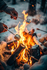 A close-up of a person's hands roasting marshmallows over an open fire in the snow, capturing the cozy and festive spirit of winter campfires
