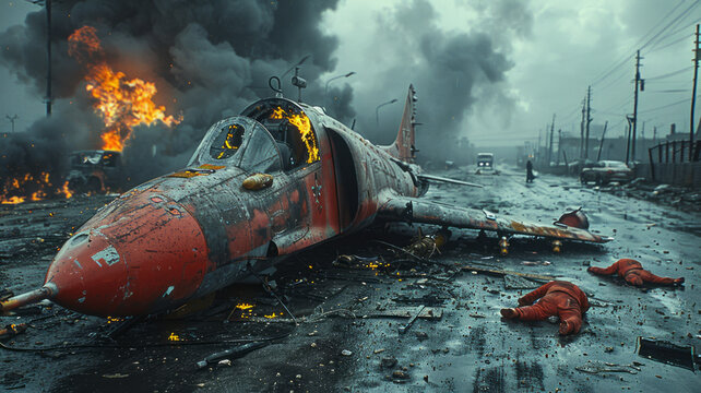 Unexpected scene: Downed SU-35 fighter, sleeping soldiers.generative ai