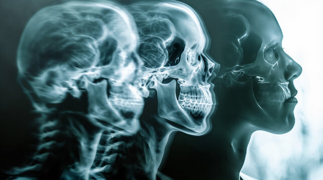 A stark, high-contrast x-ray image shows side profiles of human heads, highlighting the intricate bone structures.