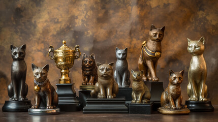 A collection of metallic cat statues in various poses displayed with a golden trophy cup, creating an artistic arrangement. - Powered by Adobe
