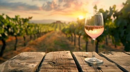 A glass of wine is on a wooden table in a vineyard