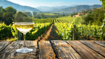 A glass of white wine is on a wooden table in front of a vineyard - obrazy, fototapety, plakaty