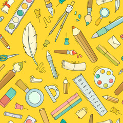 Seamless pattern with school and office stationery. Education concept background with study supplies, pencils, pen, ruler, eraser, paints and brush, vector cartoon illustration