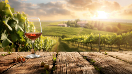 A glass of wine is on a wooden table in front of a vineyard