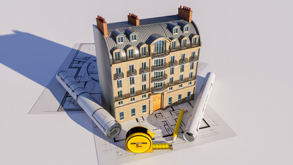 Classical Parisian building on top of blueprints - 769976334