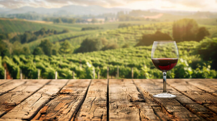A glass of red wine is sitting on a wooden table in a vineyard