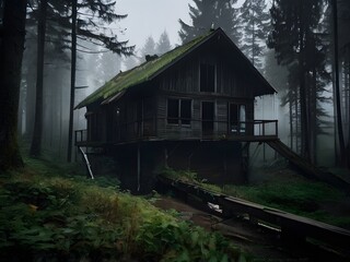 Abandoned dark house in the forest. Generative AI