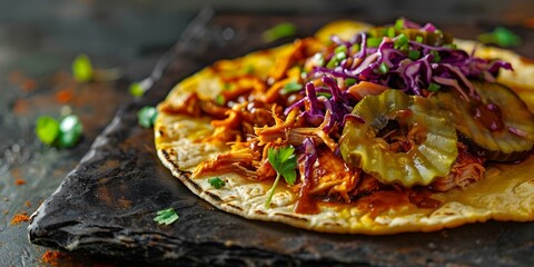 Succulent smoked BBQ pulled chicken taco with zesty coleslaw and pickles on a flavorful corn tortilla. Concept BBQ Pulled Chicken Tacos, Succulent Recipe, Zesty Coleslaw, Pickled Garnish