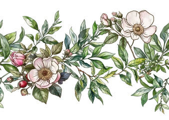 Green tea branch with leaves and wild rose flowers and berries. Seamless pattern, background. Vector illustration. In botanical style - obrazy, fototapety, plakaty