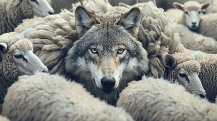 Wolf pretending to be a sheep concept. - obrazy, fototapety, plakaty