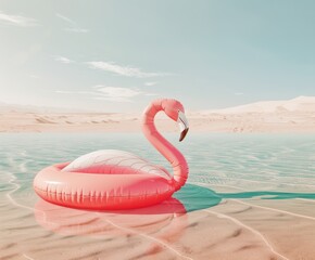 Abstract pastel pink creative concept in desert on hot sand, seashore big inflatable flamingo enjoying on the beach
