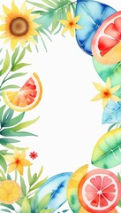 Frame summer background, watercolor drawing, template, copy space.