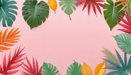 Naklejka premium Summer time, frame background, template, tropical leaves on pastel background, copy space, top view.