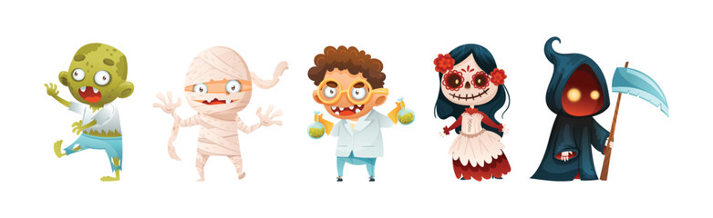 Funny Halloween Character with Zombie, Mummy, Crazy Scientist and Death Vector Set