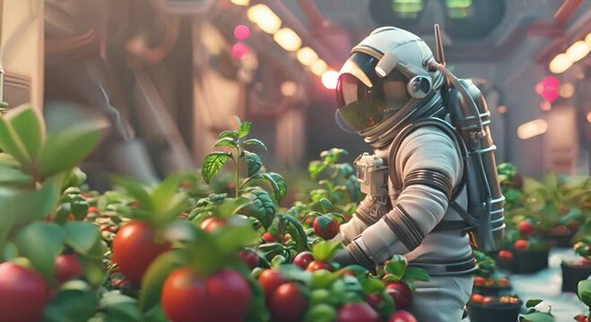 Astronaut farmers interacting with a holographic AI to strategize the planting on a new planet