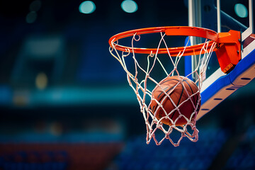 Close-up of a basketball swishing through the net, capturing the decisive moment in a dynamic game