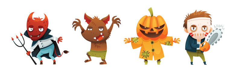 Funny Halloween Character with Devil, Werewolf, Jack Lantern and Man with Saw Vector Set
