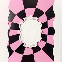 Pink black checkered background with a frame, catchy retro style  - obrazy, fototapety, plakaty