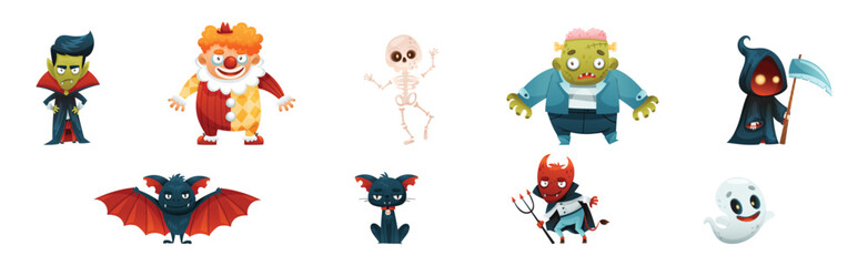 Funny Halloween Character with Clown, Dracula, Skeleton, Death, Bat, Cat, Devil and Ghost Vector Set
