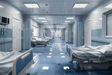 Hospital room with beds and medical equipment in hospital.