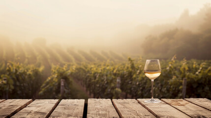 A glass of wine is on a wooden table in a vineyard