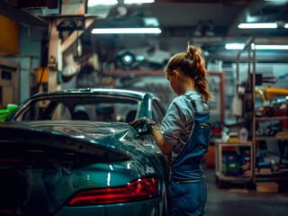 AI-Generated Image: Woman Mechanic Inspecting a Luxury Car in the Garage