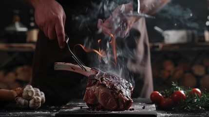 profesional chef cooking with tomahawk steak - obrazy, fototapety, plakaty