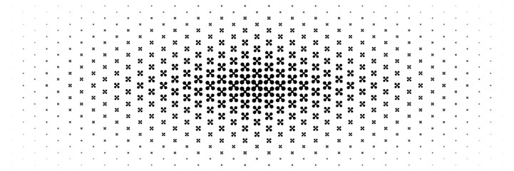 horizontal center halftone of black cross and circle design for pattern and background.