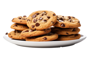 A white plate holds freshly baked chocolate chip cookies, inviting a sweet indulgence