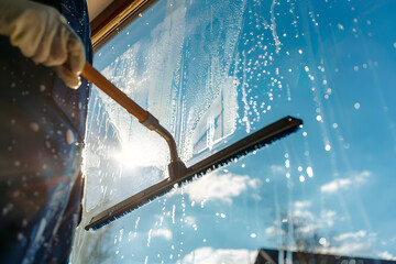 Worker cleaning mirror window with wiper. - obrazy, fototapety, plakaty