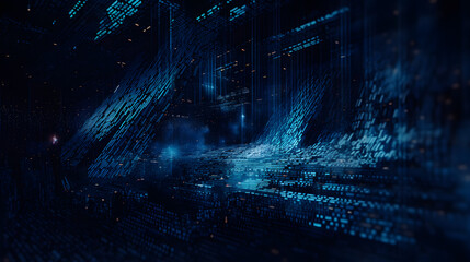 a dark blue background with a blue matrix code