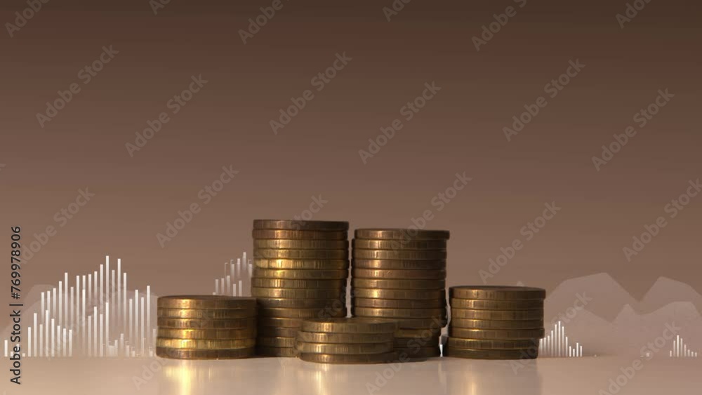 Poster making money. growing columns of coins against the background of graphs in the form of white arrows 