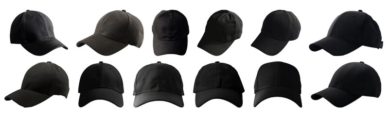 Collection of black baseball caps in various angles isolated cut out on transparent background