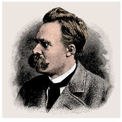 vectored colored old engraving of famous german philosopher Friedrich Wilhelm Nietzsche, engraving is from Meyers Lexicon published 1914 - Leipzig, Deutschland - obrazy, fototapety, plakaty