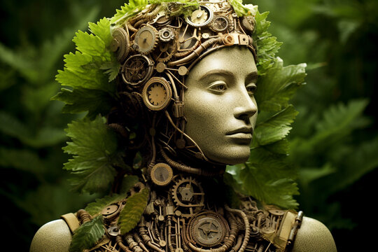 A futuristic robot surrounded by lush greenery, highlighting the intersection of technology and nature. A cyborg standing amidst the beauty of nature. integration of technology with the natural world