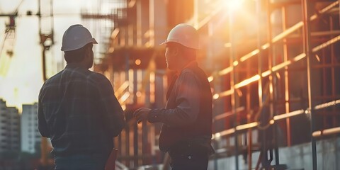 Engineers and architects collaborating on building design and layout in a construction site. Concept Engineering Collaboration, Architectural Design, Construction Site Layout