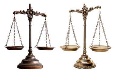 Antique balance scales of justice cut out on transparent background