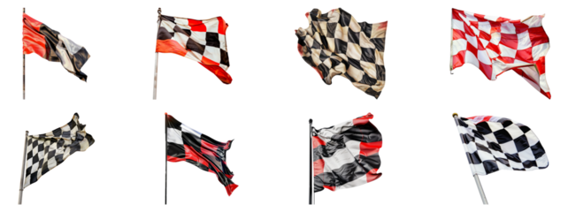 Waving checkered flags indicating finish line cut out on transparent background