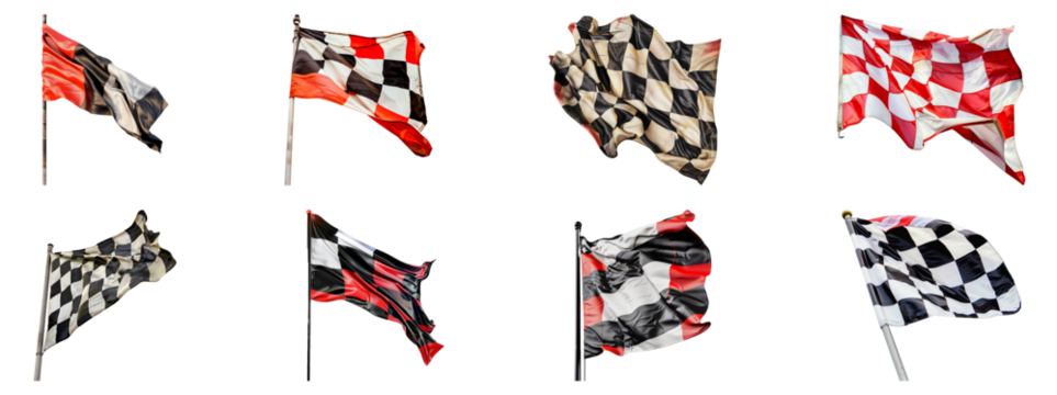 Waving checkered flags indicating finish line cut out on transparent background - Powered by Adobe
