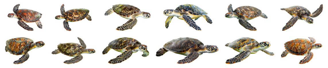 Sea turtles swimming in various angles cut out on transparent background