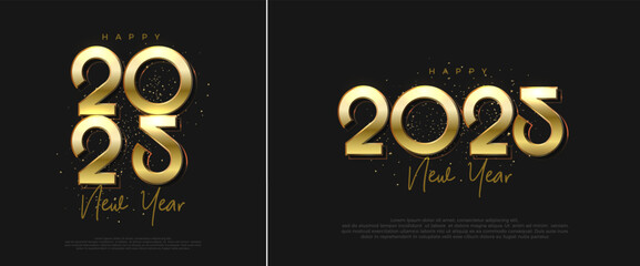 Happy New Year Design 2025. With a shiny gold number in a black background. Vector Background Premium for greetings and celebrations.
