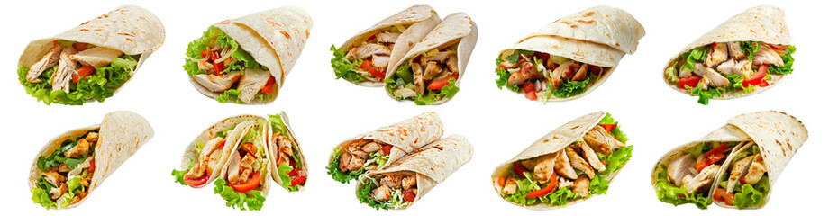Assorted chicken wraps with fresh vegetables cut out on transparent background