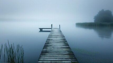 Foggy lakeside jetty with mystical atmosphere - A ghostly wooden jetty stretches into the fog, disappearing into the mysterious mist above calm waters