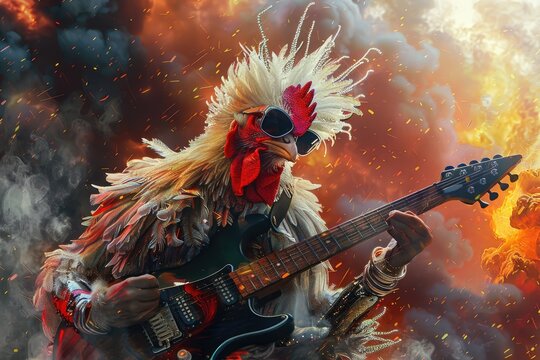 Fiery guitar performance of anthropomorphic rooster - An anthropomorphic rooster, playing an electric guitar with intense passion, depicted against a backdrop of dramatic explosions