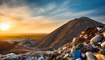 Large pile of waste at a landfill during sunset, showcasing the environmental impact.