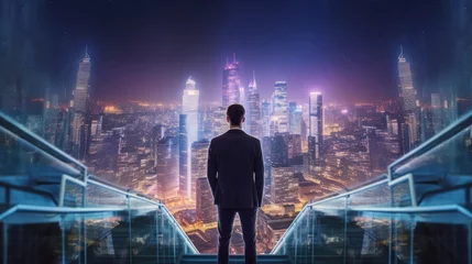Foto op Plexiglas Rear view of businessman standing on top of staircase looking at night city. Concept of business growth © MUCHIB